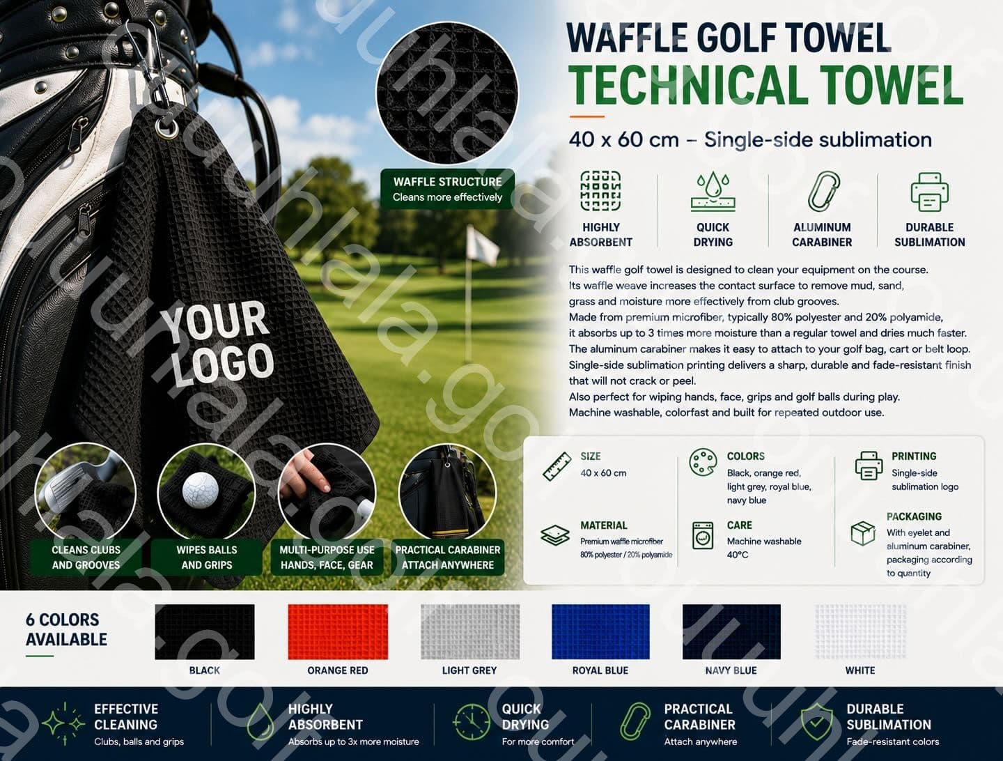 40 x 60 cm waffle microfiber golf towel - sublimated logo