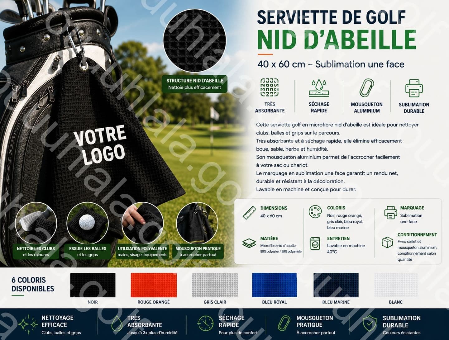 Serviette golf microfibre nid d’abeille 40 x 60 cm - logo en sublimation