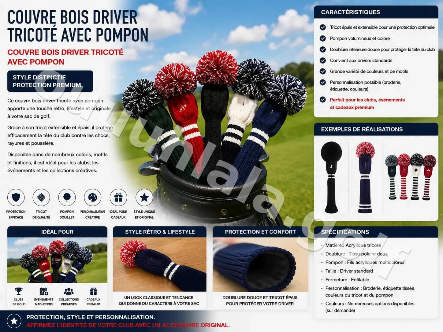 Couvre-club pompon Driver tricoté personnalisé