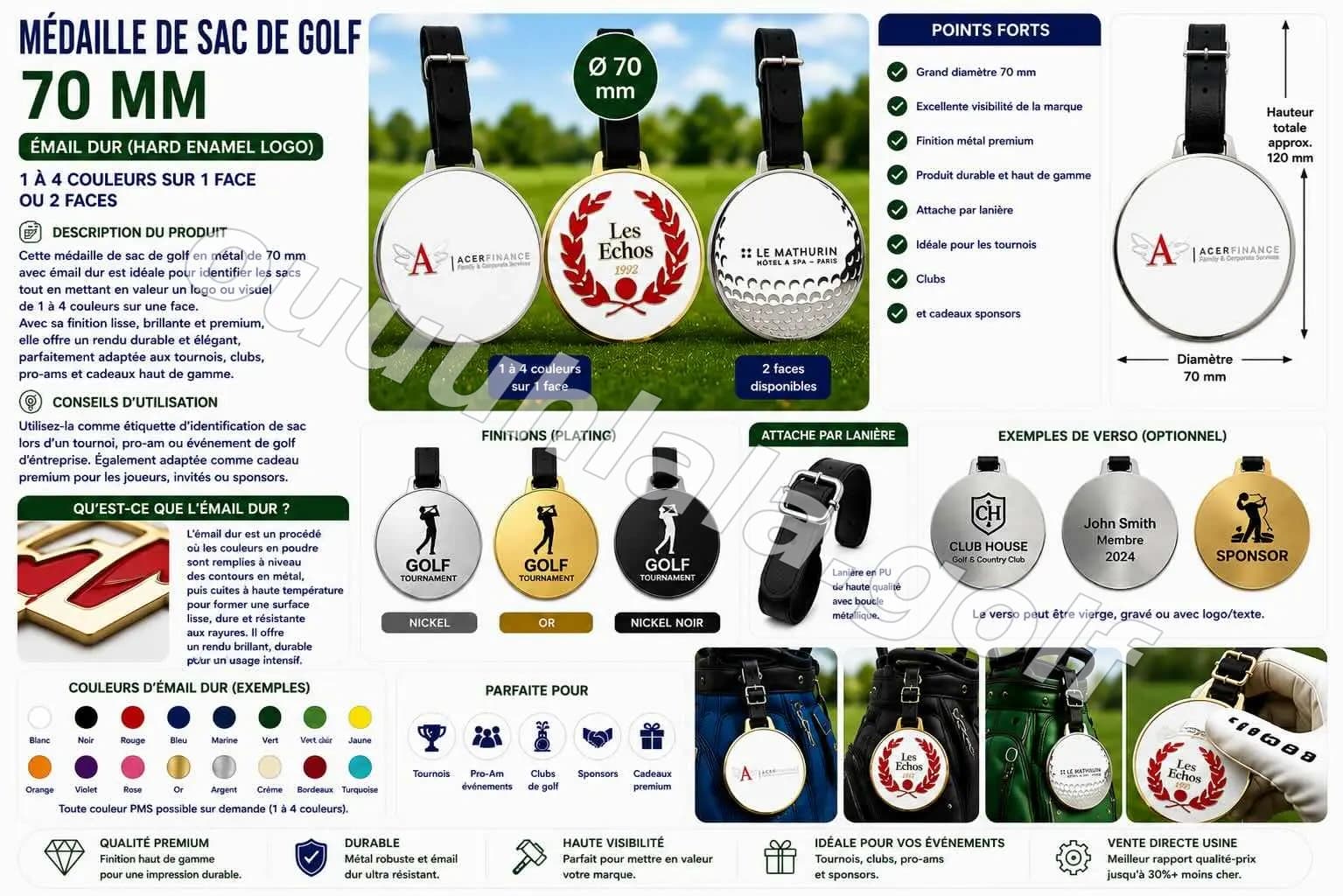 Badge de sac de golf métal 70 mm - Logo email posé Hard enamel 1 à 4 couleurs sur 1 face