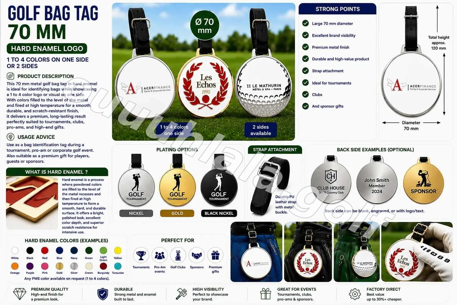 70mm Metal Golf Bag Badge, Enamel Logo, Hard Enamel, 1 to 4 Colors on 1 or 2 Sides