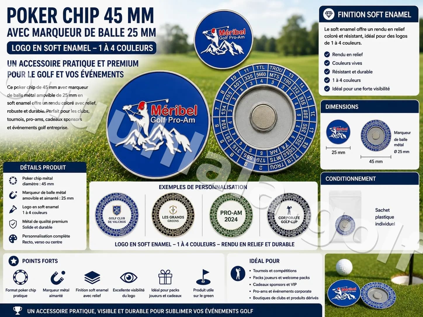 Poker chip 45 mm avec marqueur de balle 25 mm - Logo en soft enamel 1 à 4 couleurs