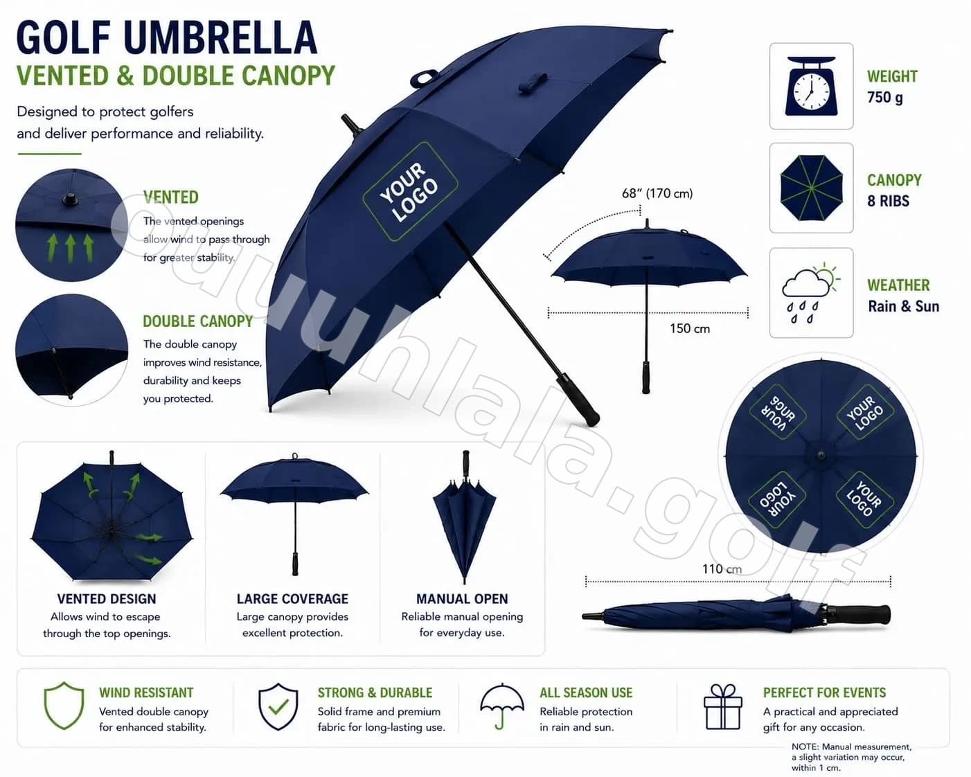 68β Vented Double Canopy Golf Umbrella with Logo Printed on 4 Panels