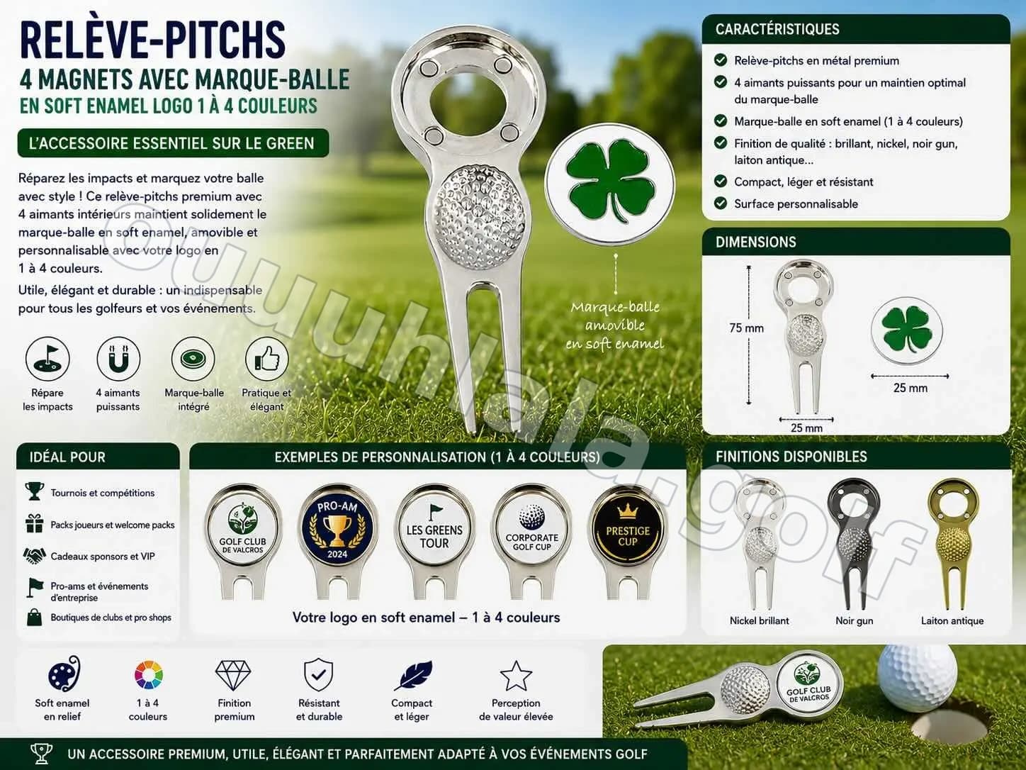 Relève-pitchs 4 magnets avec marque-balle en soft enamel logo 1 à 4 couleurs