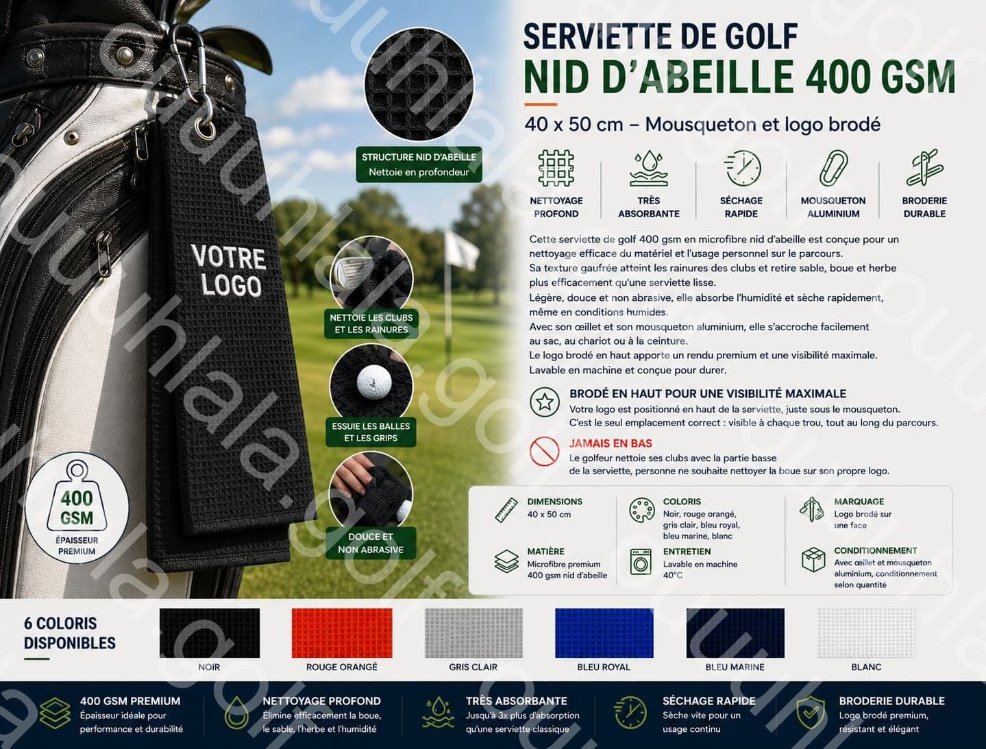 Serviette golf microfibre nid d’abeille 400 gsm 40 x 50 cm - logo brodé