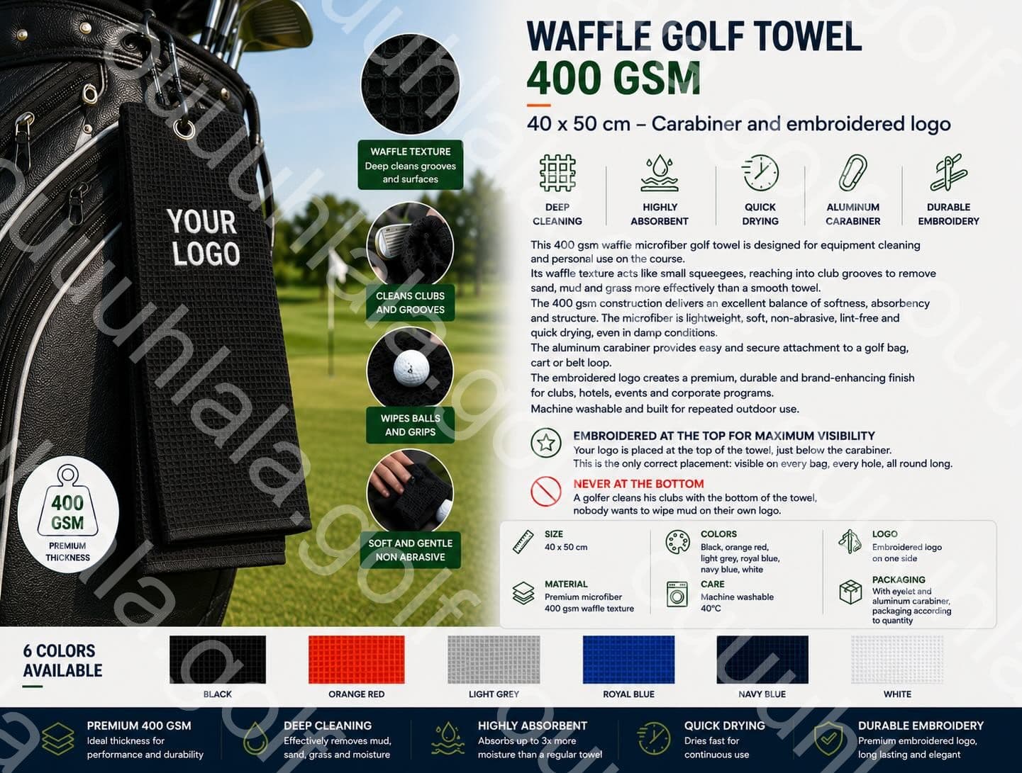 400 gsm 40 x 50 cm waffle microfiber golf towel - embroidered logo