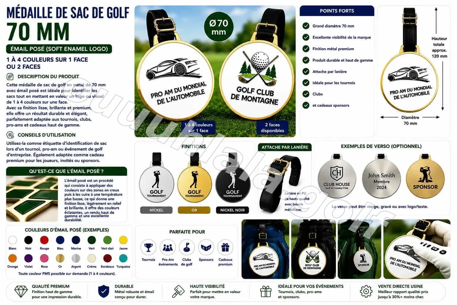Badge de sac de golf métal 70 mm - Logo soft enamel 1 à 4 couleurs sur 1 face
