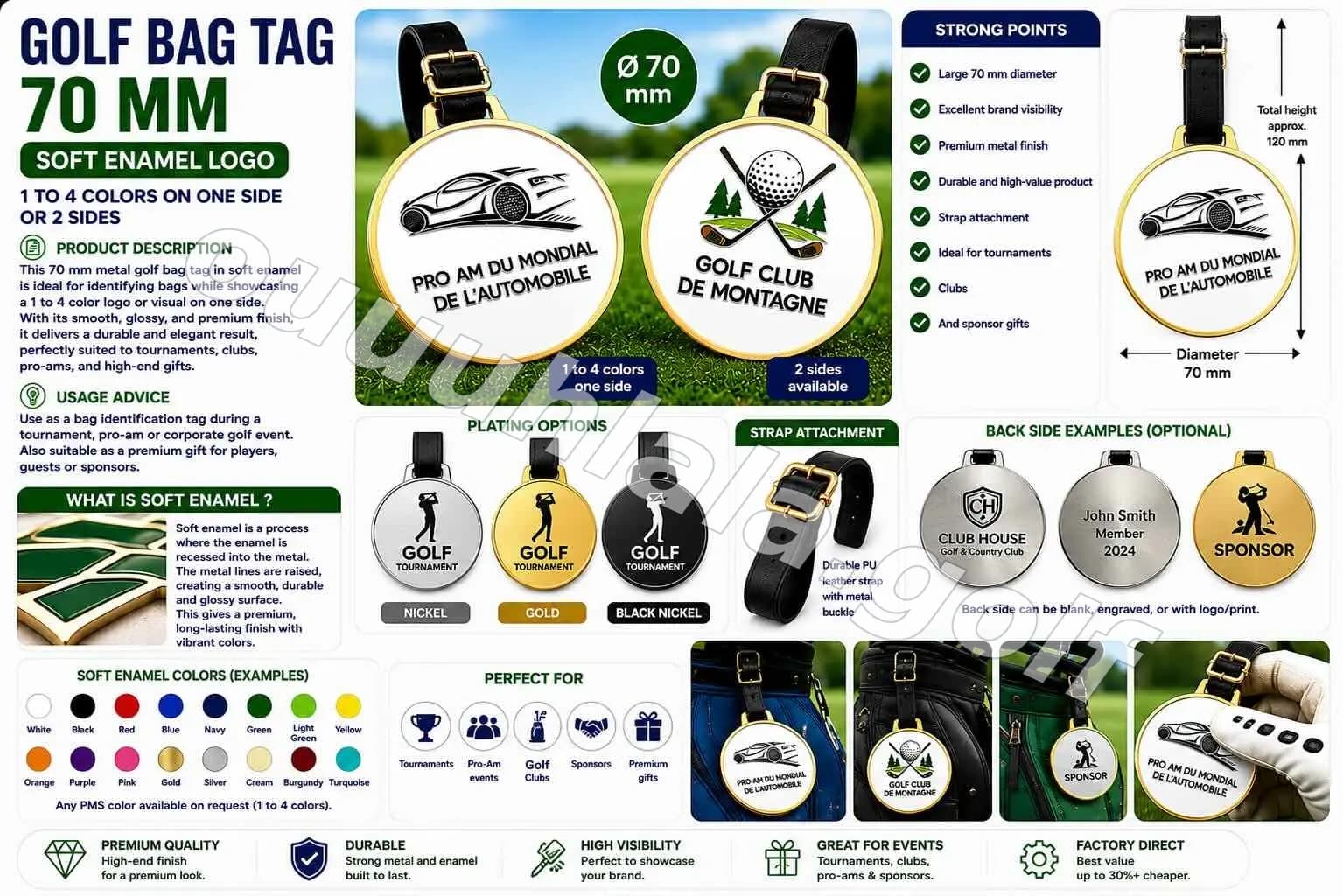 70mm metal golf bag tag, Soft enamel Logo, 1 to 4 colors on one or two sides