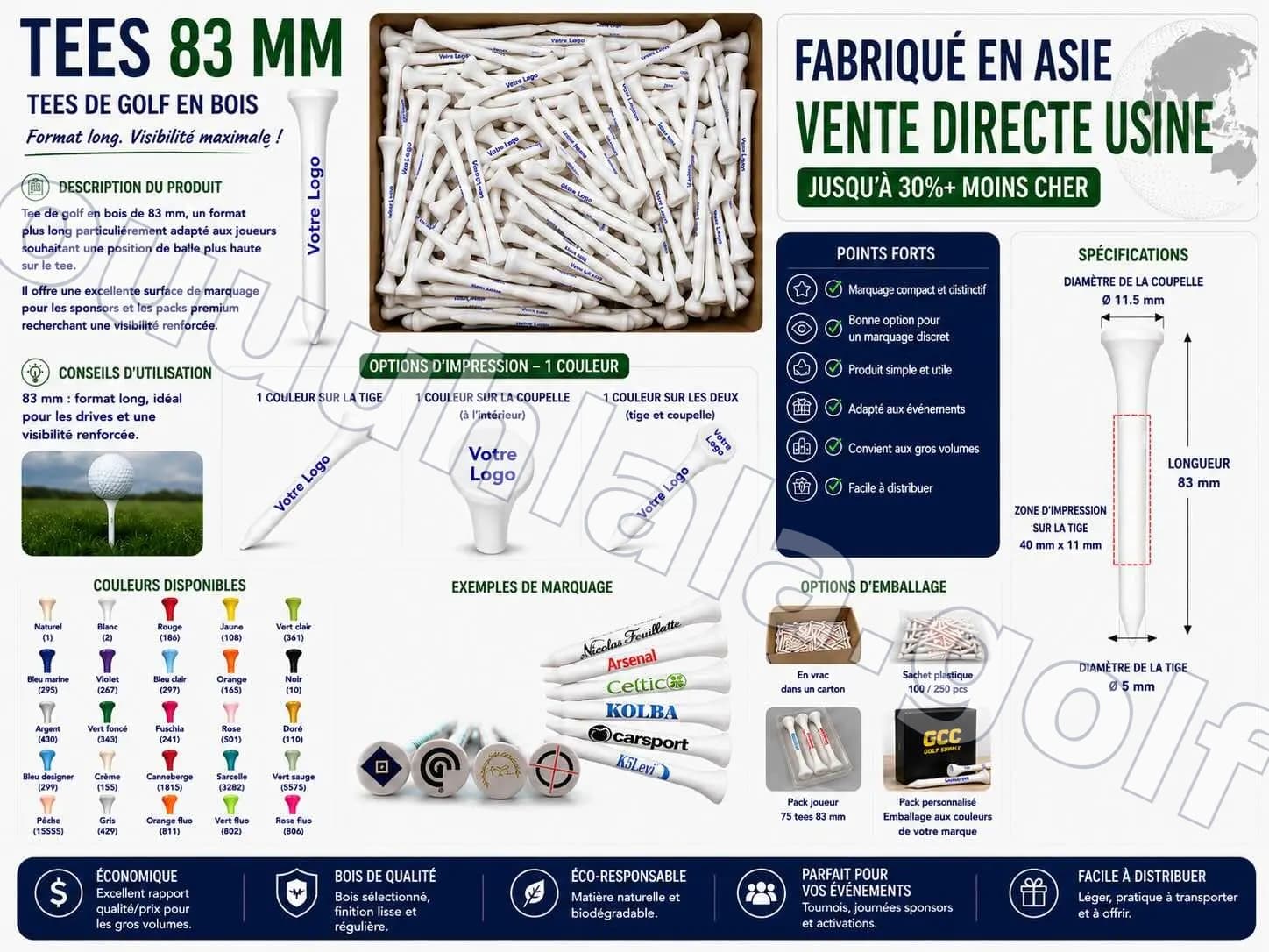 Tees de golf en bois 83 mm personnalisés - Logo 1 couleur sur la tige, la coupelle ou les deux
