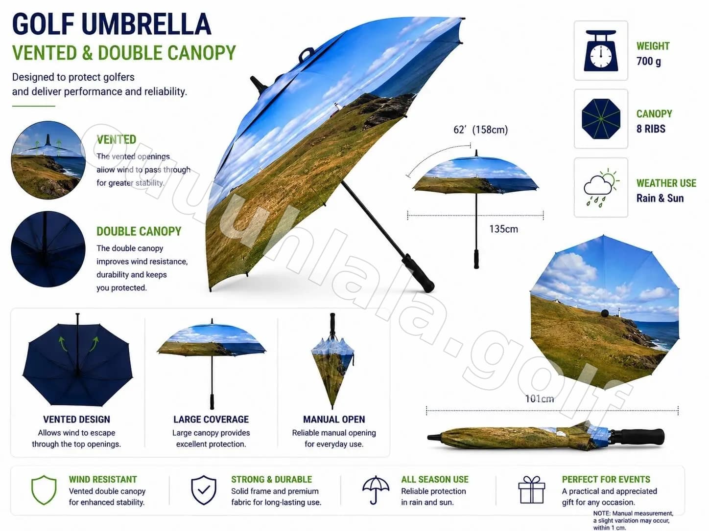 62β Vented Double Canopy Golf Umbrella with All-Over Full Sublimation
