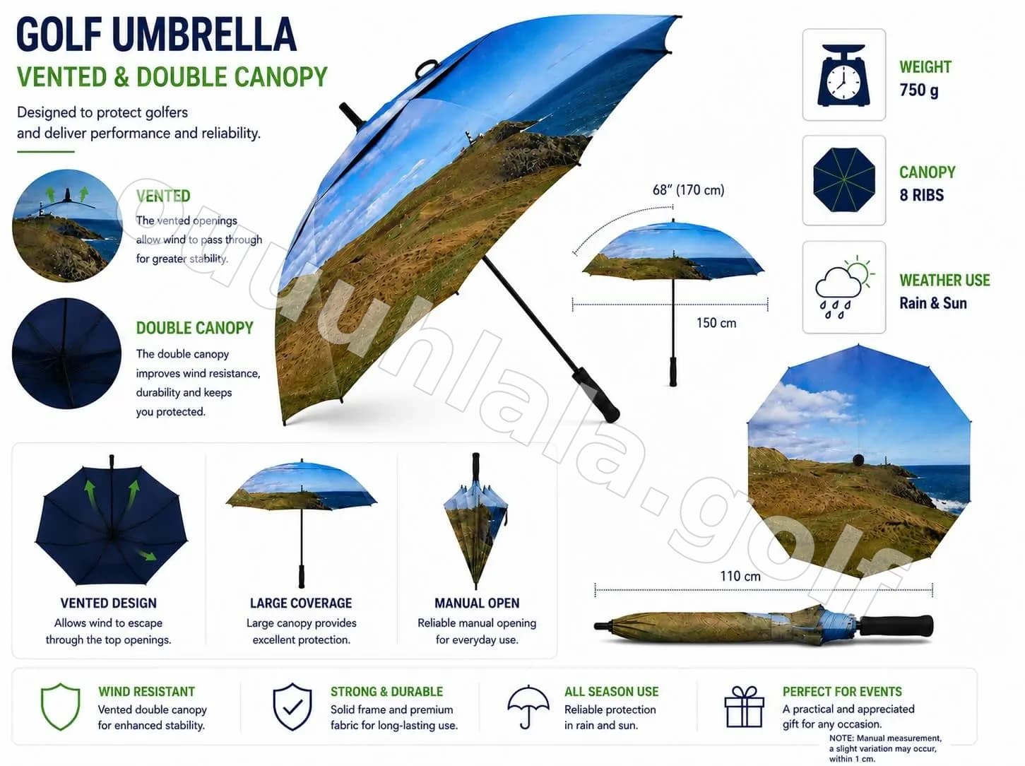 68β Vented Double Canopy Golf Umbrella with All-Over Full Sublimation