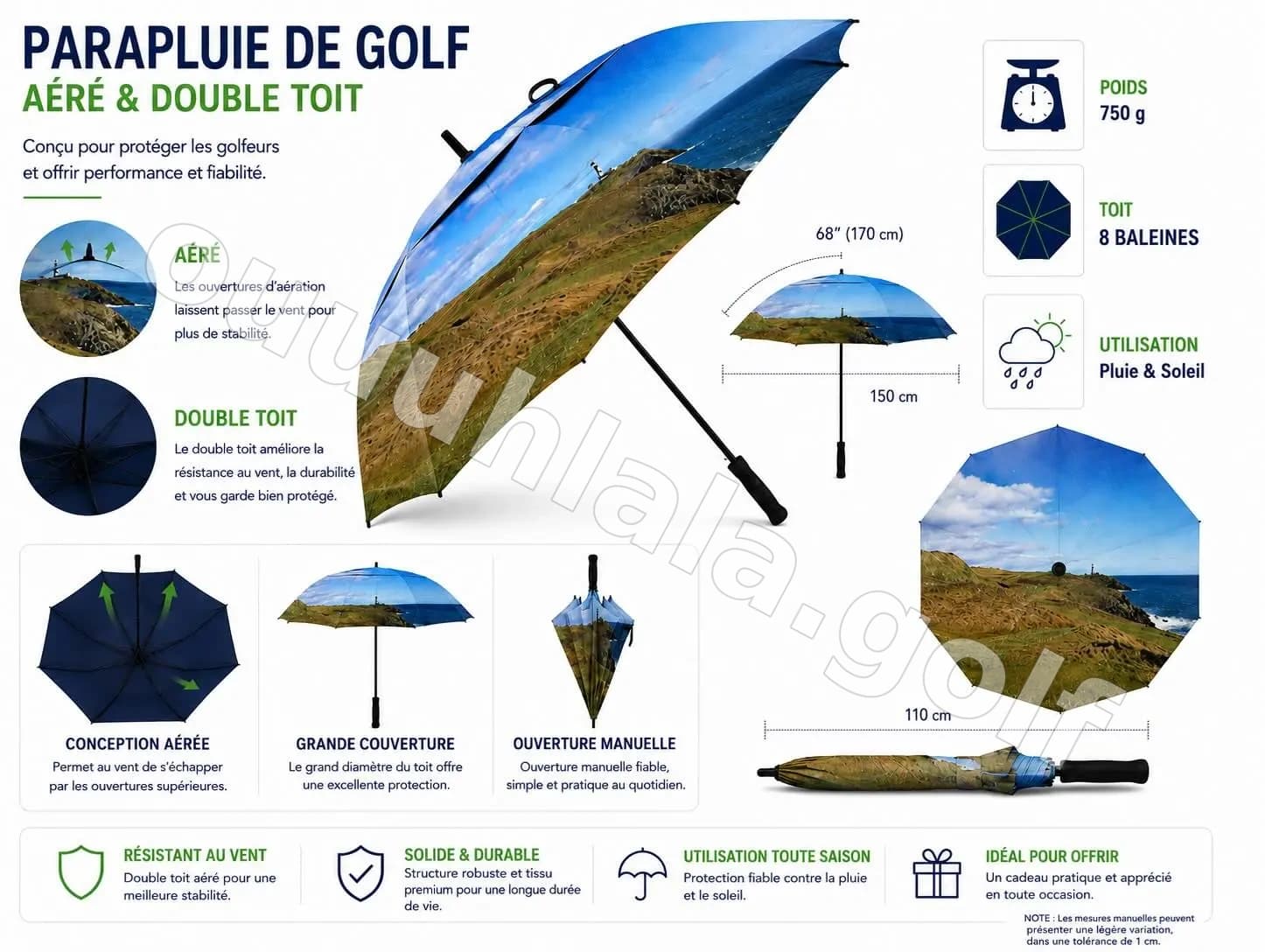 Parapluie de golf 68” double toile ventilée full sublimation all over