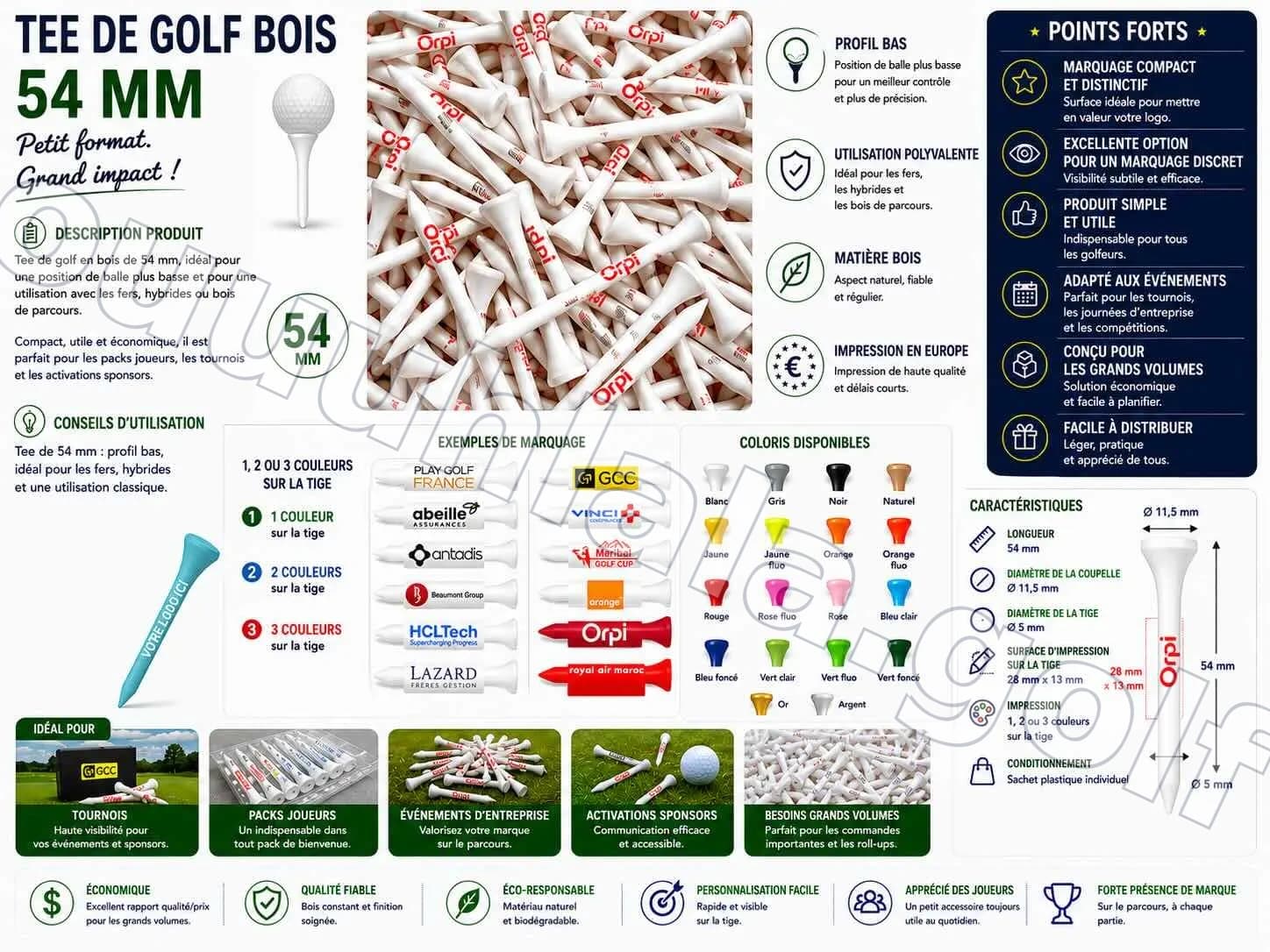 Tees de golf en bois 54 mm personnalisés - Logo 1 à 3 couleurs sur la tige - EU