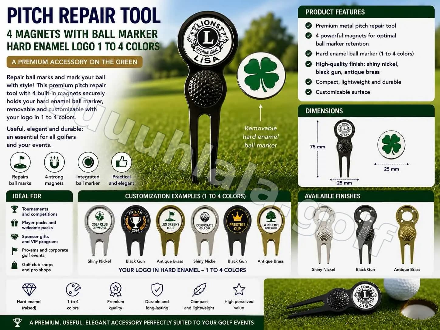 4 magnets Divot Tool with hard enamel Ball Marker 1 to 4 colors logo