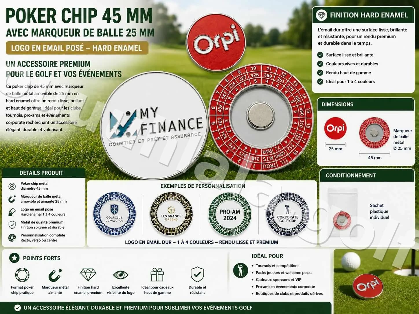 Poker chip 45 mm avec marqueur de balle 25 mm - Logo en email posé Hard enamel 1 à 4 couleurs