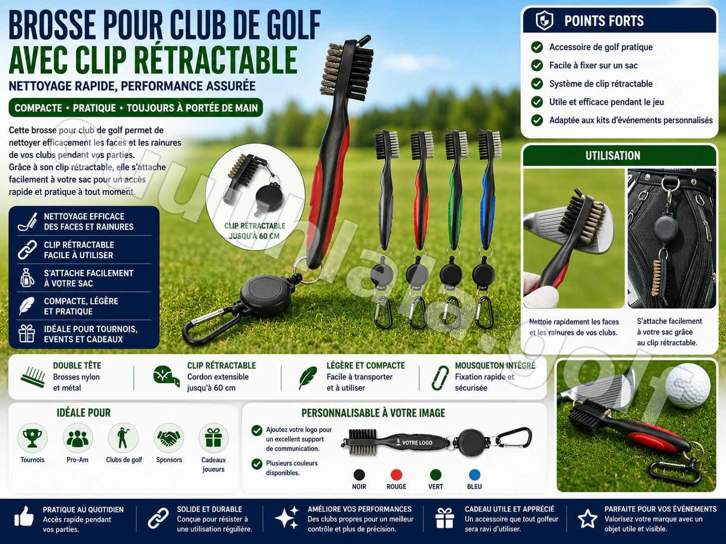 Brosse de golf avec mousqueton rétractable