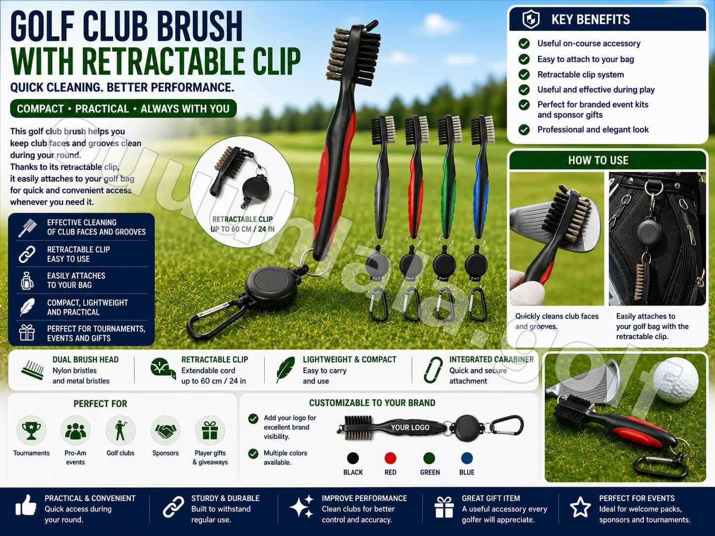 Golf Club Brush with Retractable Clip