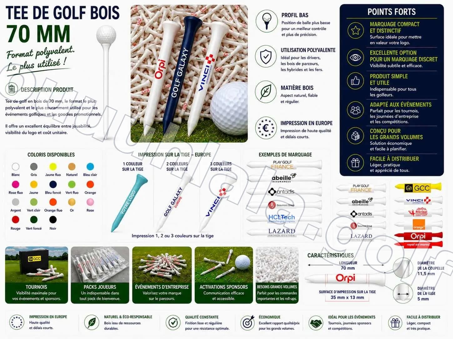Tees de golf en bois 70 mm personnalisés - Logo 1 à 3 couleurs sur la tige - EU
