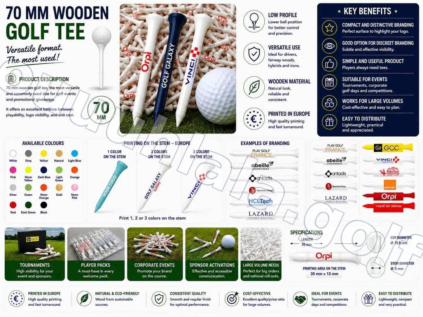Custom 70 mm Wooden Golf Tees - Logo 1 to 3 colors on the stem